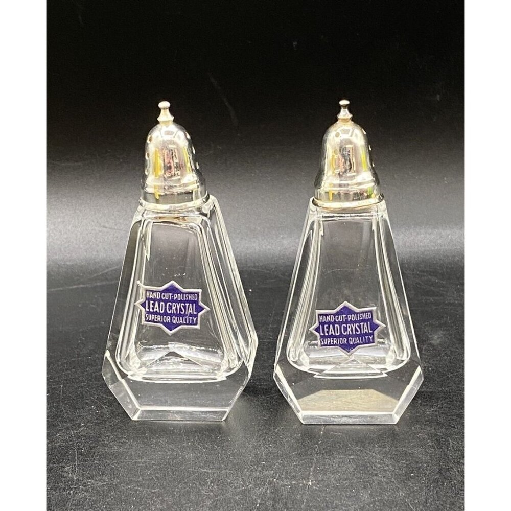 F.B. Rogers Crystal Glass Salt and Pepper Shakers Silverplated Tops Vintage